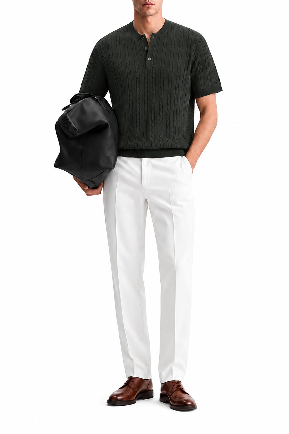 Ivar Olive Cable Knit Henley - Model Wearing - IVAR Clothing
