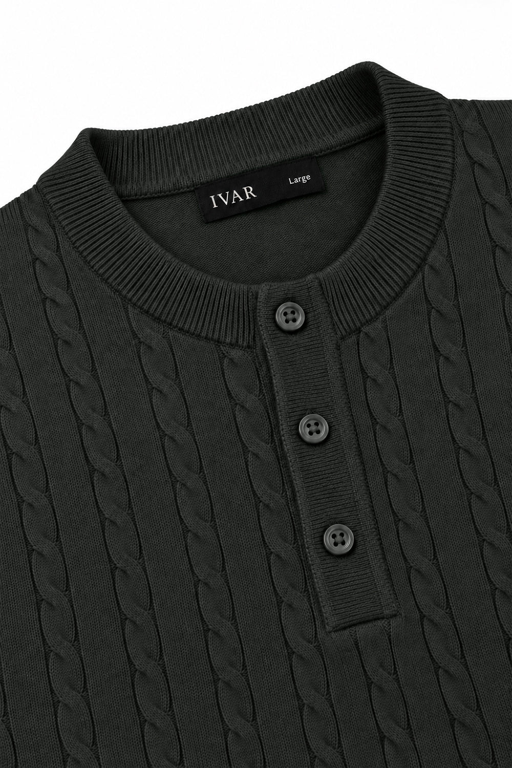 Ivar Olive Cable Knit Henley - Close-Up Placket Detail - IVAR Clothing