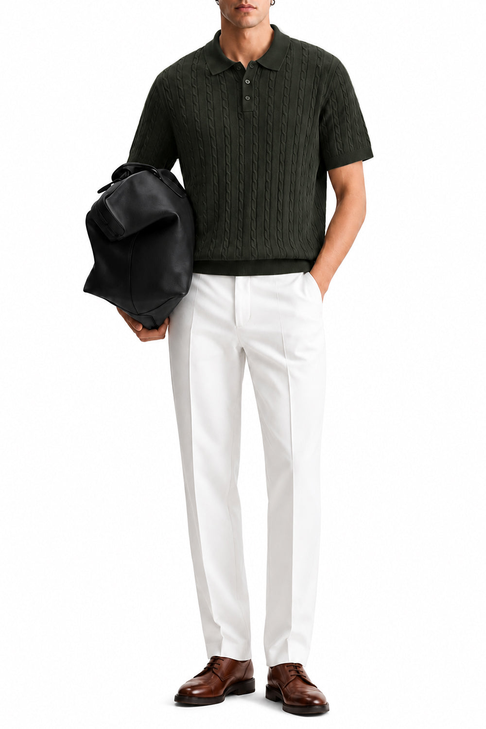 Ivar Olive Cable Knit Polo - Model Wearing Front - IVAR Clothing
