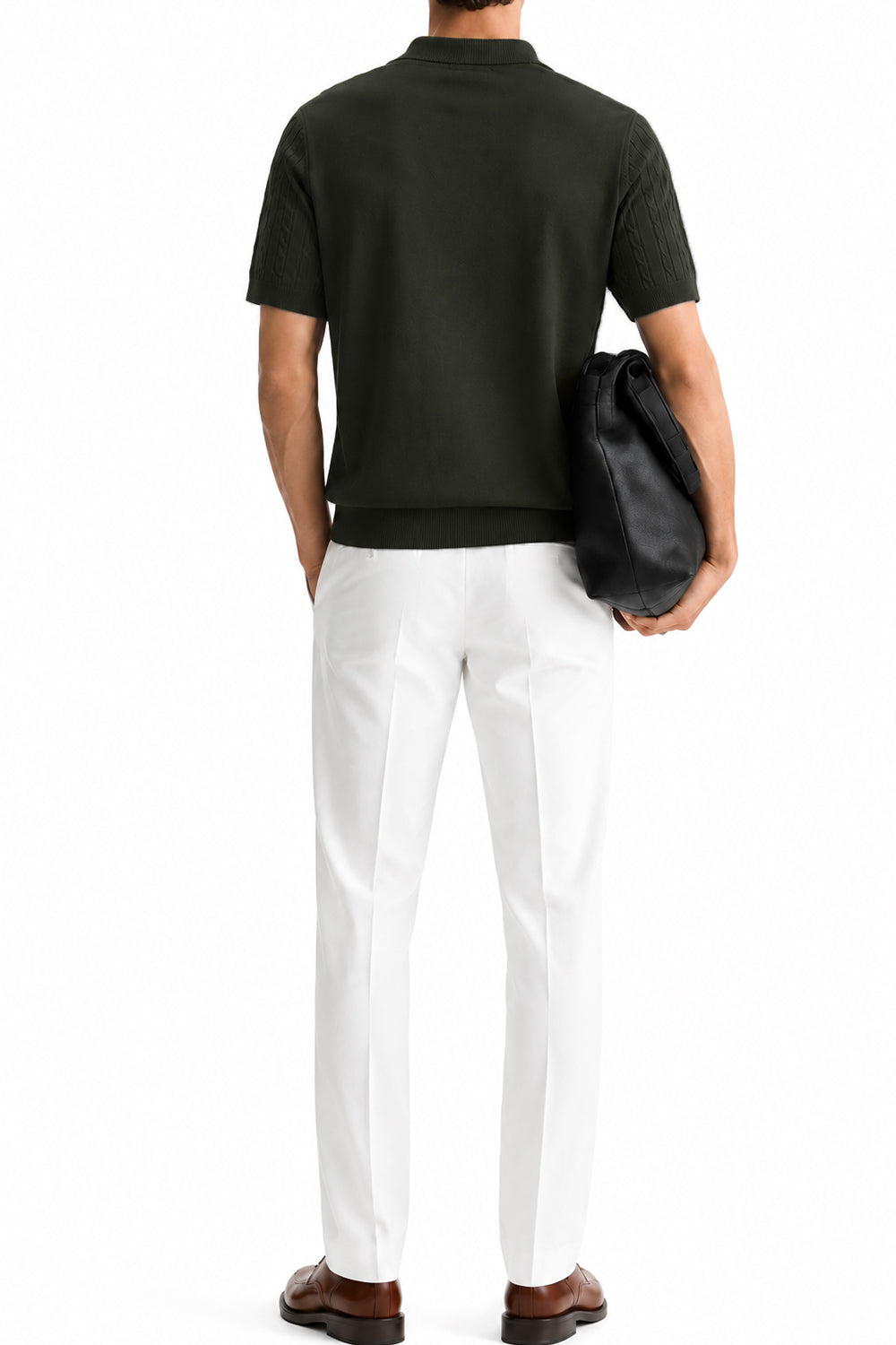 Ivar Olive Cable Knit Polo - Model Wearing Back - IVAR Clothing