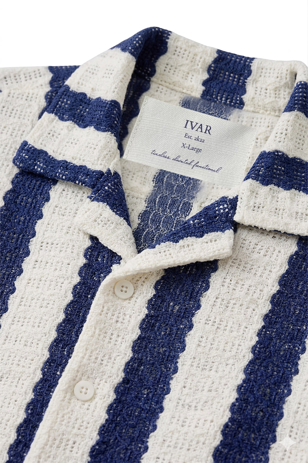 Close-up of Cuban Collar Shirt showing open collar and knit fabric detail
