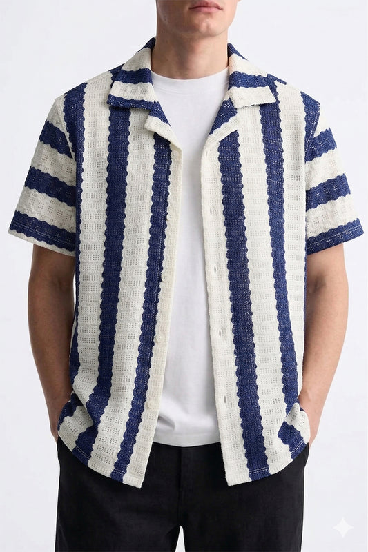 IVAR® Blue & White Striped Cuban Collar Shirt