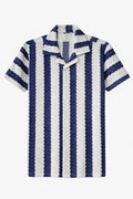 Navy and white striped Cuban Collar Shirt with cable knit texture
