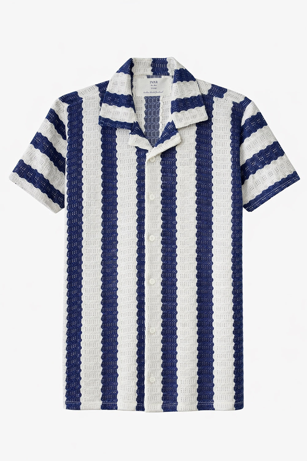 Navy and white striped Cuban Collar Shirt with cable knit texture
