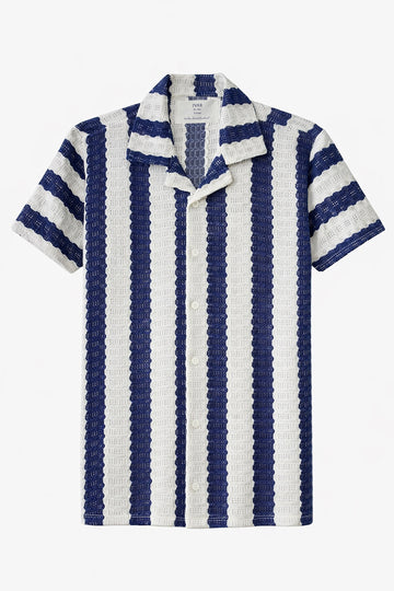 Navy and white striped Cuban Collar Shirt with cable knit texture
