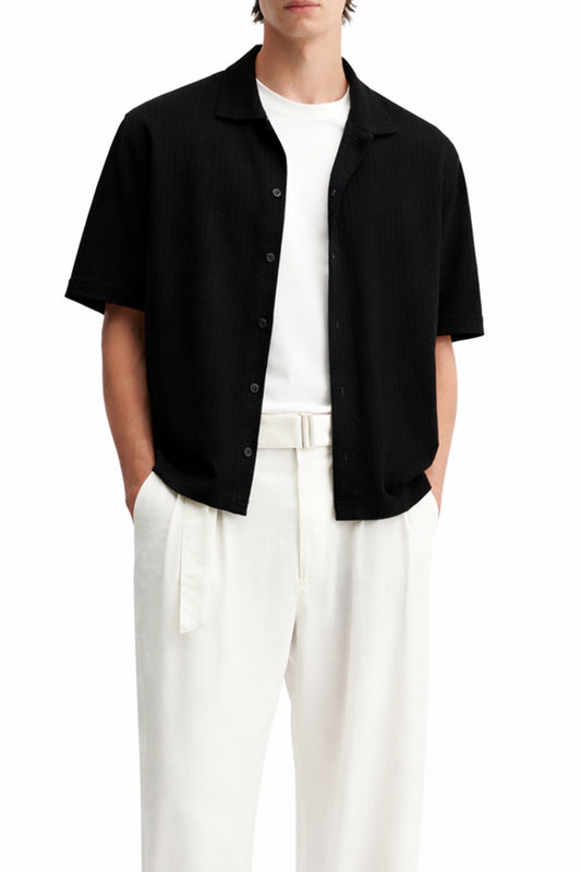 IVAR® Black Cable Knit Cuban Collar Shirt