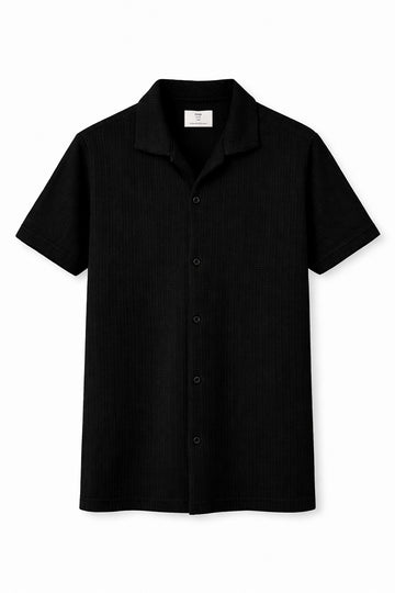 IVAR® Black Cable Knit Cuban Collar Shirt