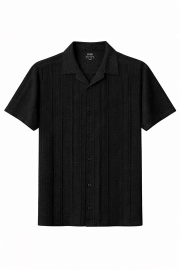 IVAR® Jet Black Cable Knit Cuban Collar Shirt