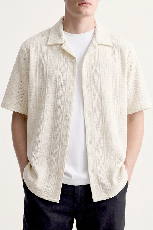 IVAR® Off White Cable Knit Cuban Collar Shirt