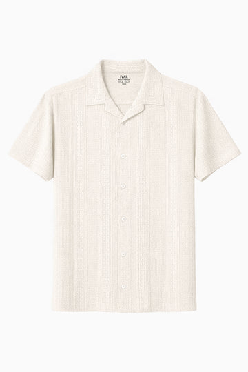 IVAR® Off White Cable Knit Cuban Collar Shirt