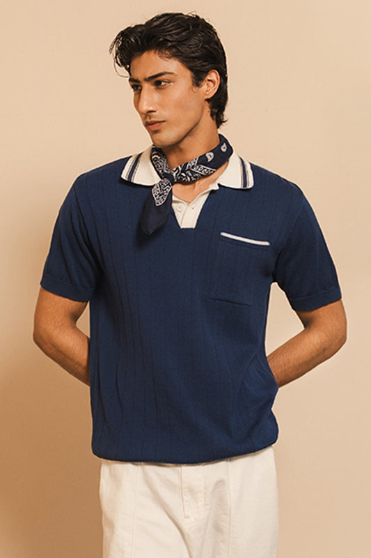IVAR Navy Cambridge Flat Knit Polo - Model Wearing, Front View - IVAR Clothing