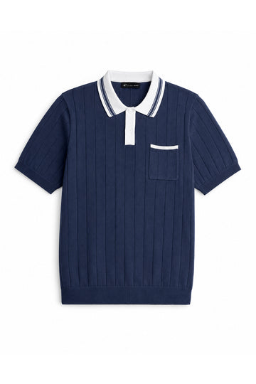 IVAR Navy Cambridge Flat Knit Polo - Front Flat Lay - IVAR Clothing