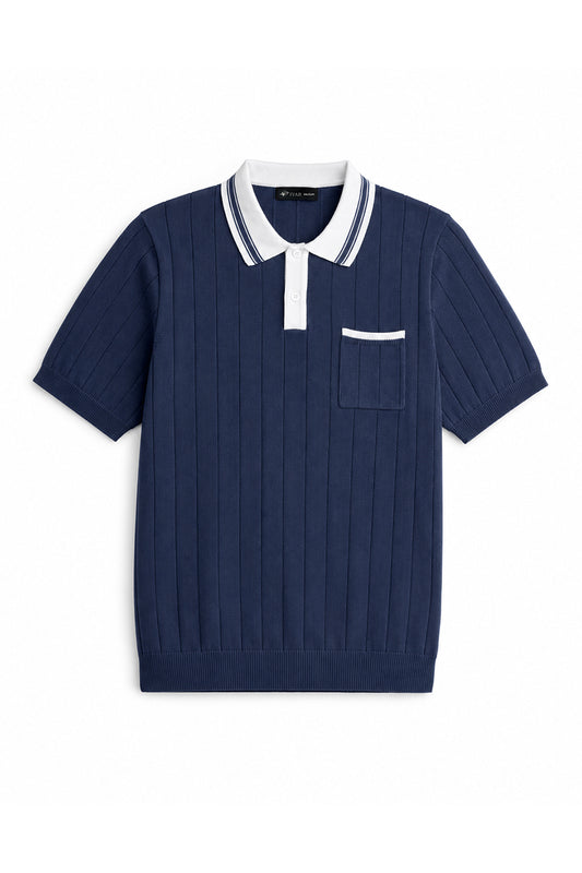 IVAR Navy Cambridge Flat Knit Polo - Front Flat Lay - IVAR Clothing