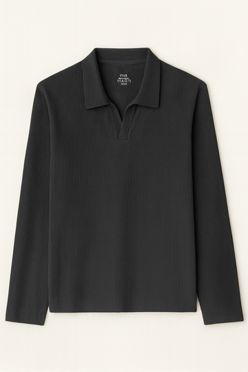 IVAR® Charcoal Waffle Knit Full Sleeve Johnny Collar Polo