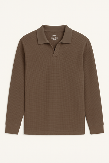IVAR® Hazel Brown Waffle Knit Full Sleeve Johnny Collar Polo