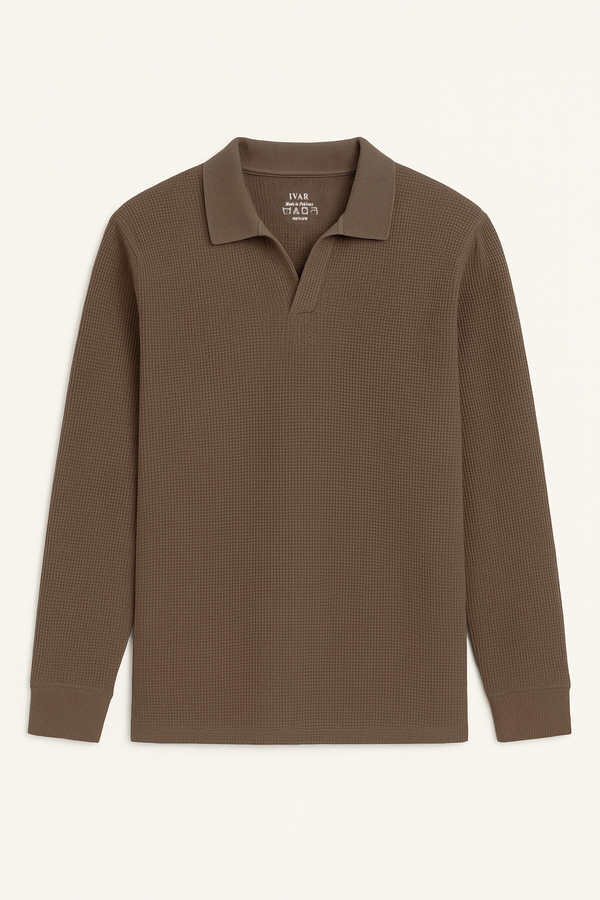 IVAR® Hazel Brown Waffle Knit Full Sleeve Johnny Collar Polo
