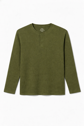IVAR® Olive Green Waffle Knit Full Sleeve Henley