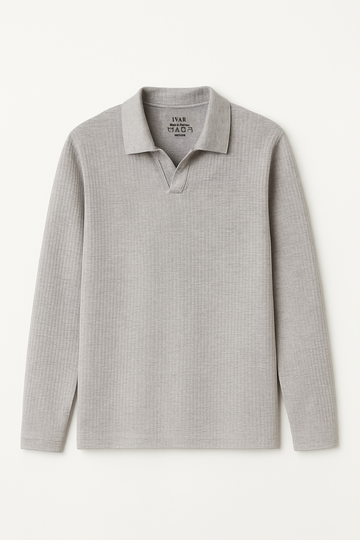 IVAR® Heather Grey Drop Needle Full Sleeve Johnny Collar Polo