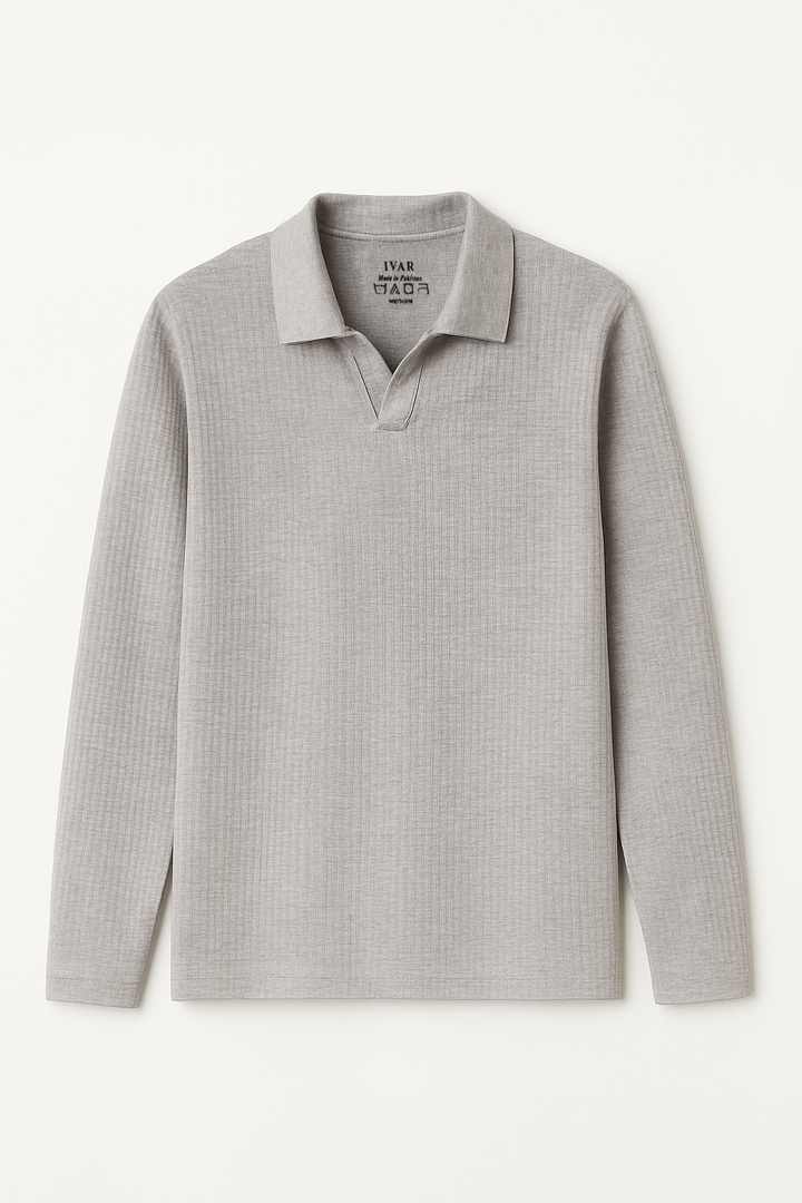 IVAR® Heather Grey Drop Needle Full Sleeve Johnny Collar Polo