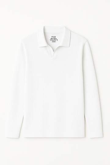 IVAR® White Drop Needle Full Sleeve Johnny Collar Polo