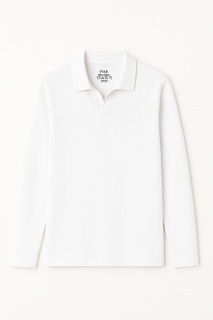 IVAR® White Drop Needle Full Sleeve Johnny Collar Polo
