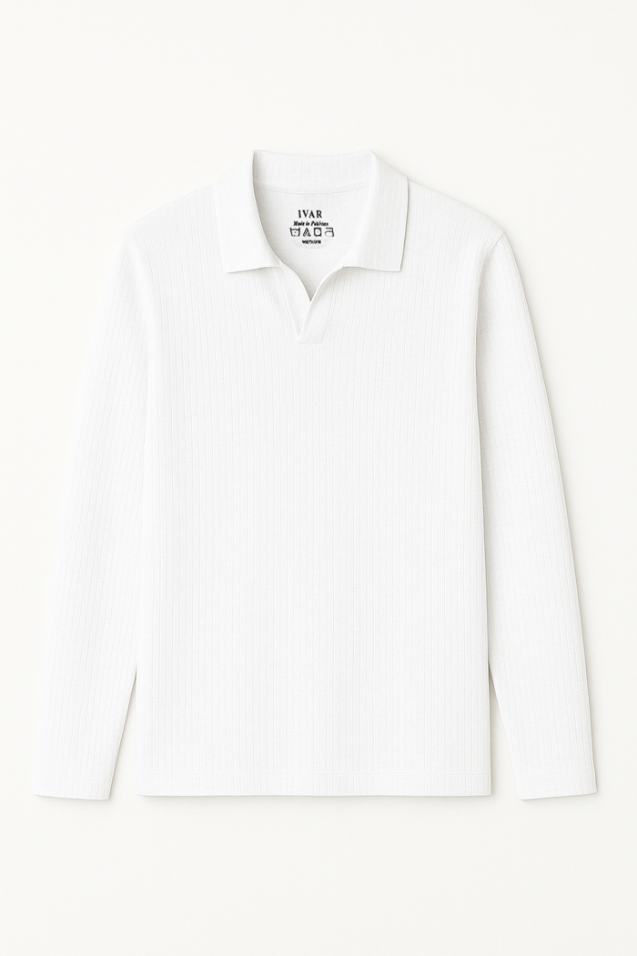 IVAR® White Drop Needle Full Sleeve Johnny Collar Polo