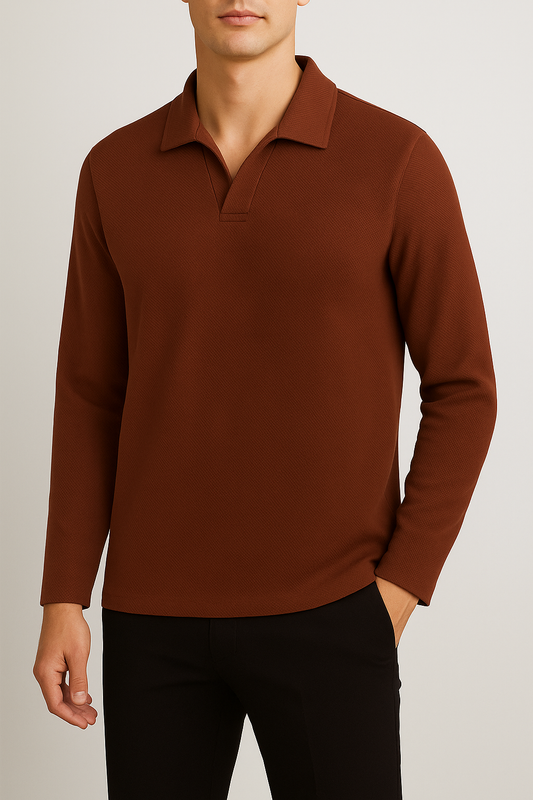 IVAR® Rust Brown Textured Full Sleeve Johnny Collar Polo