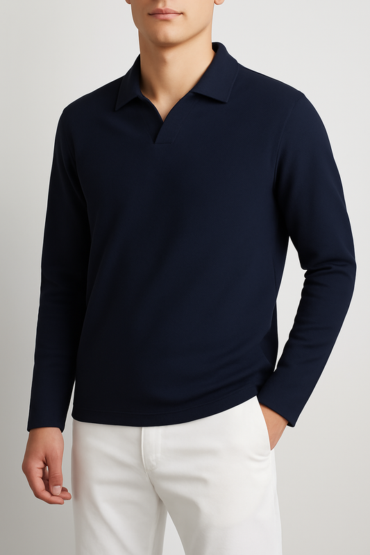 IVAR® Navy Textured Full Sleeve Johnny Collar Polo