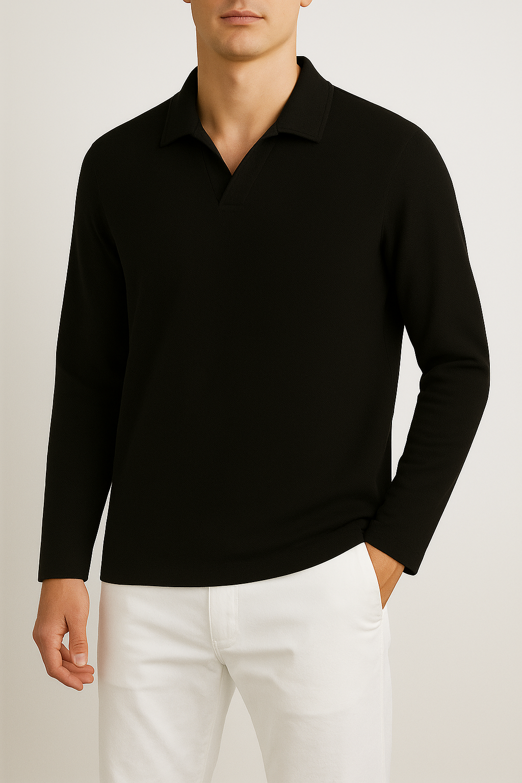 IVAR® Black Textured Full Sleeve Johnny Collar Polo