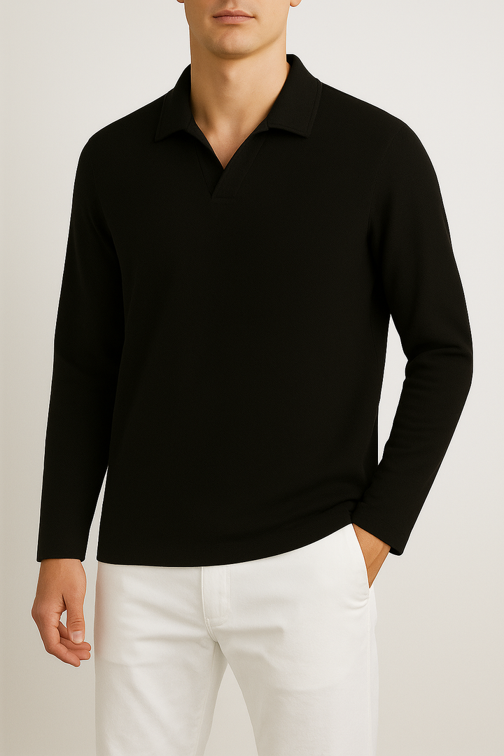 IVAR® Black Textured Full Sleeve Johnny Collar Polo