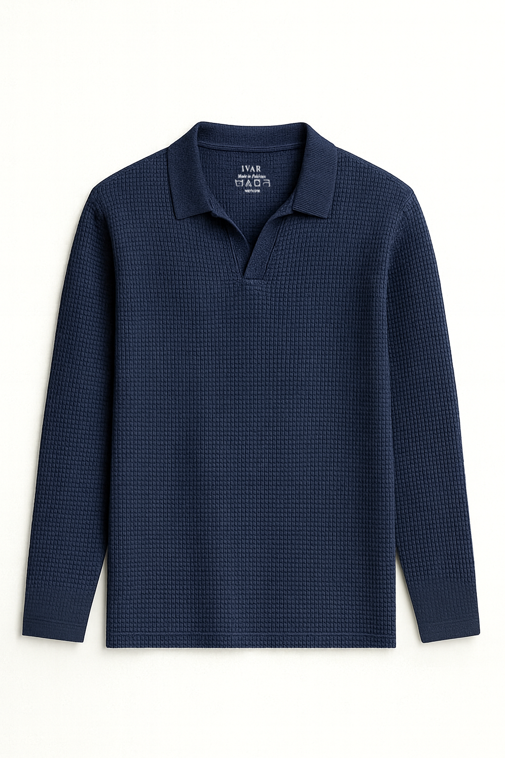 IVAR® Navy Waffle Knit Full Sleeve Johnny Collar Polo
