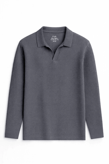 IVAR® Smoke Grey Waffle Knit Full Sleeve Johnny Collar Polo