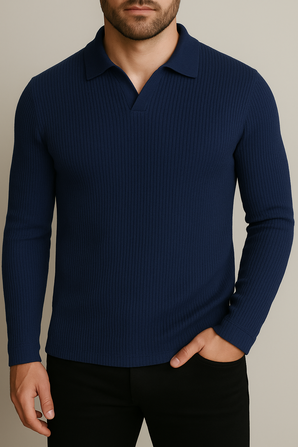 IVAR® Navy Waffle Knit Full Sleeve Johnny Collar Polo