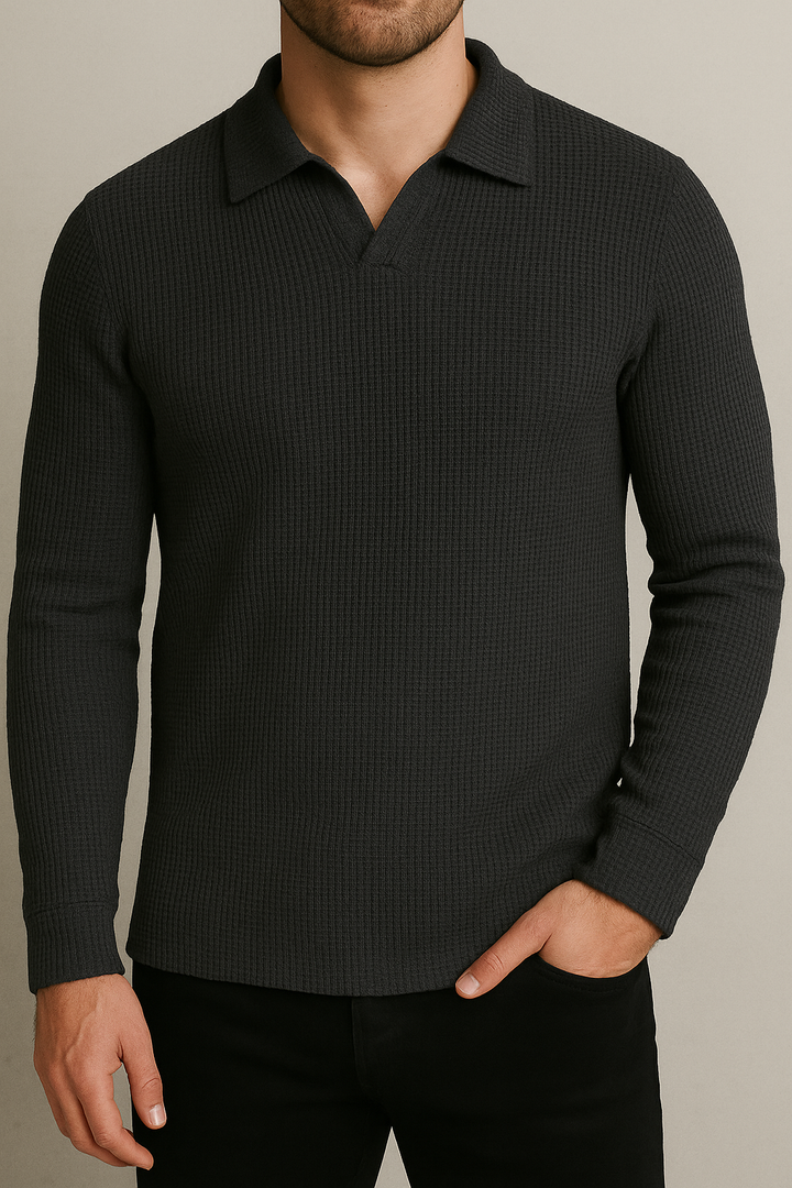 IVAR® Black Waffle Knit Full Sleeve Johnny Collar Polo