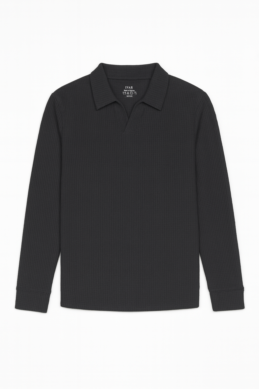 IVAR® Black Waffle Knit Full Sleeve Johnny Collar Polo