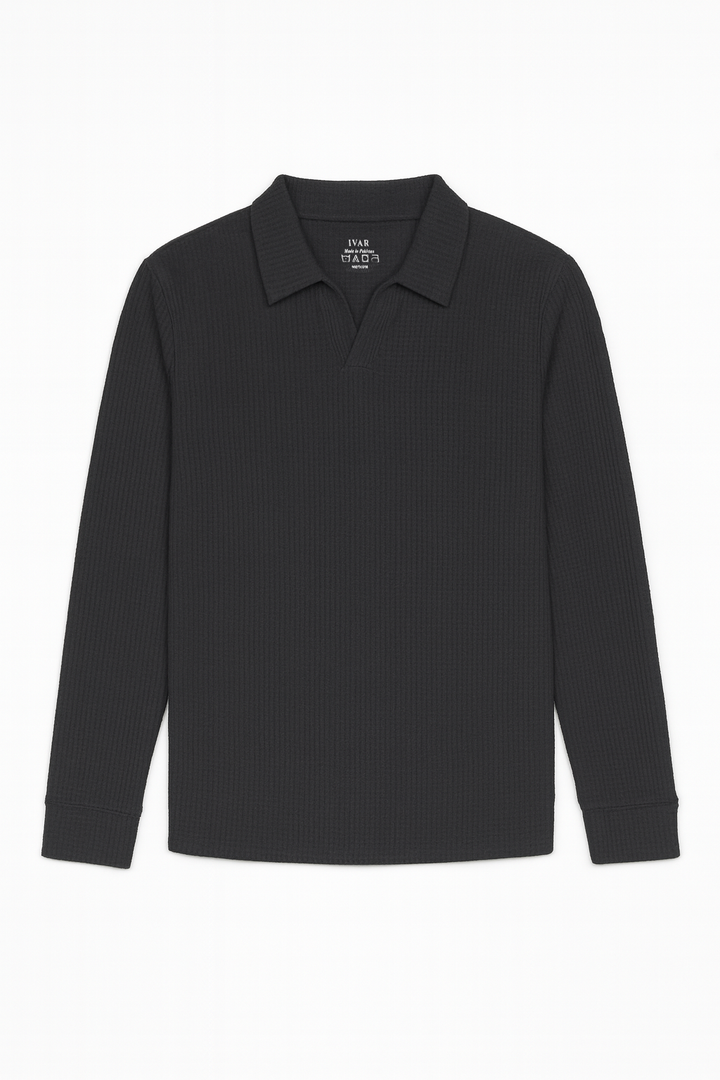 IVAR® Black Waffle Knit Full Sleeve Johnny Collar Polo