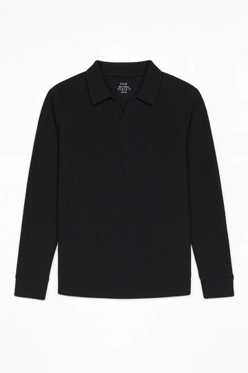 IVAR® Black Waffle Knit Full Sleeve Johnny Collar Polo