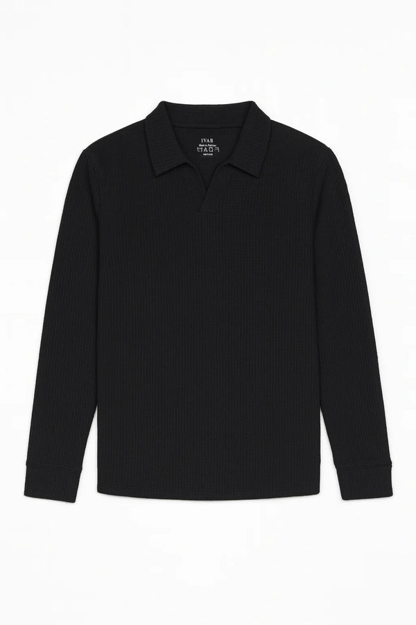 IVAR® Black Waffle Knit Full Sleeve Johnny Collar Polo