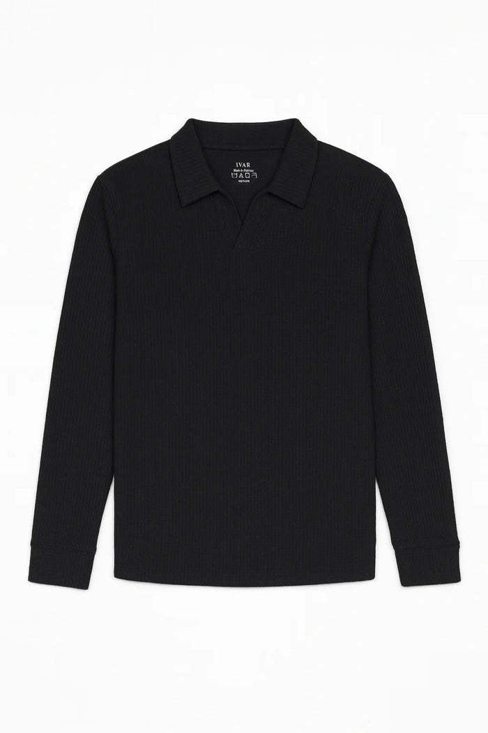 IVAR® Black Waffle Knit Full Sleeve Johnny Collar Polo
