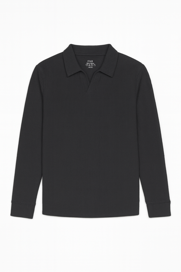 IVAR® Black Waffle Knit Full Sleeve Johnny Collar Polo