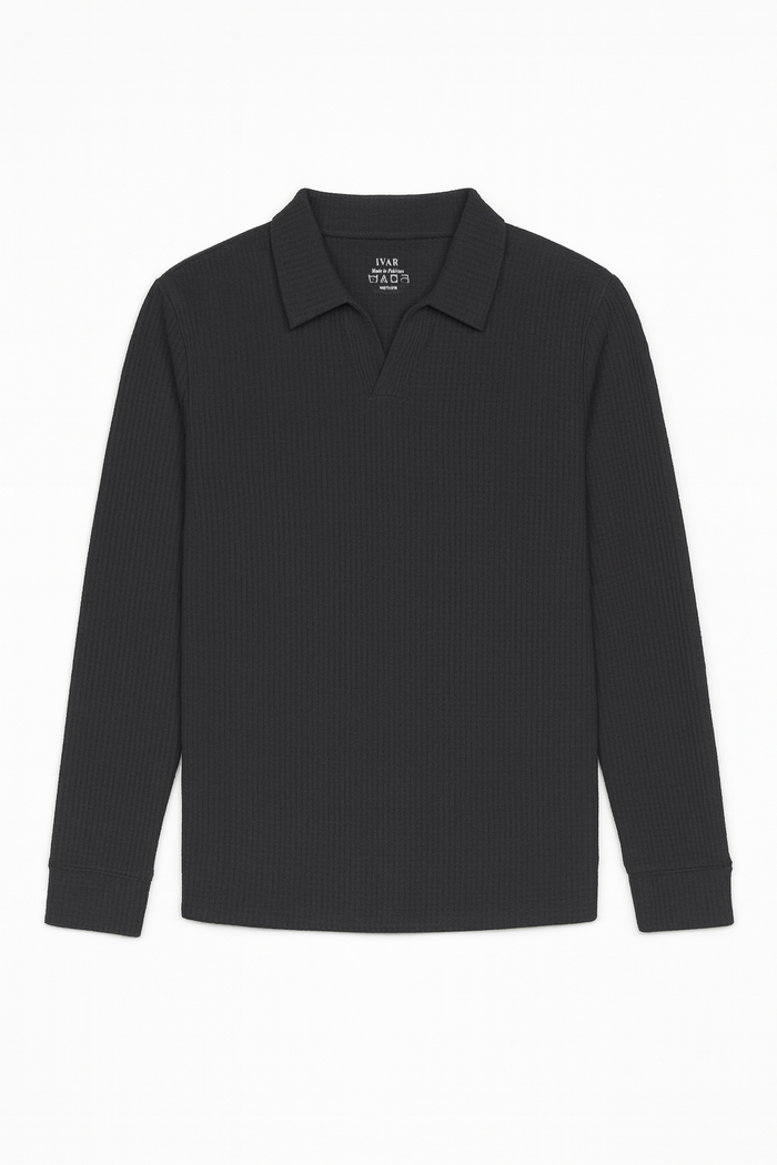 IVAR® Black Waffle Knit Full Sleeve Johnny Collar Polo
