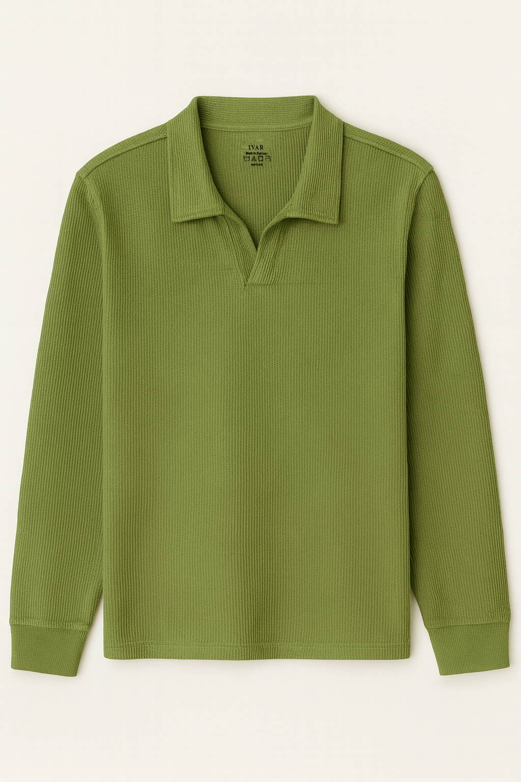IVAR® Olive Green Waffle Knit Full Sleeve Johnny Collar Polo