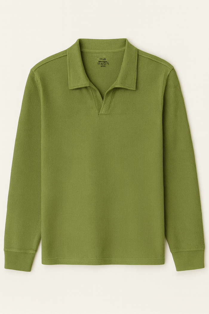 IVAR® Olive Green Waffle Knit Full Sleeve Johnny Collar Polo