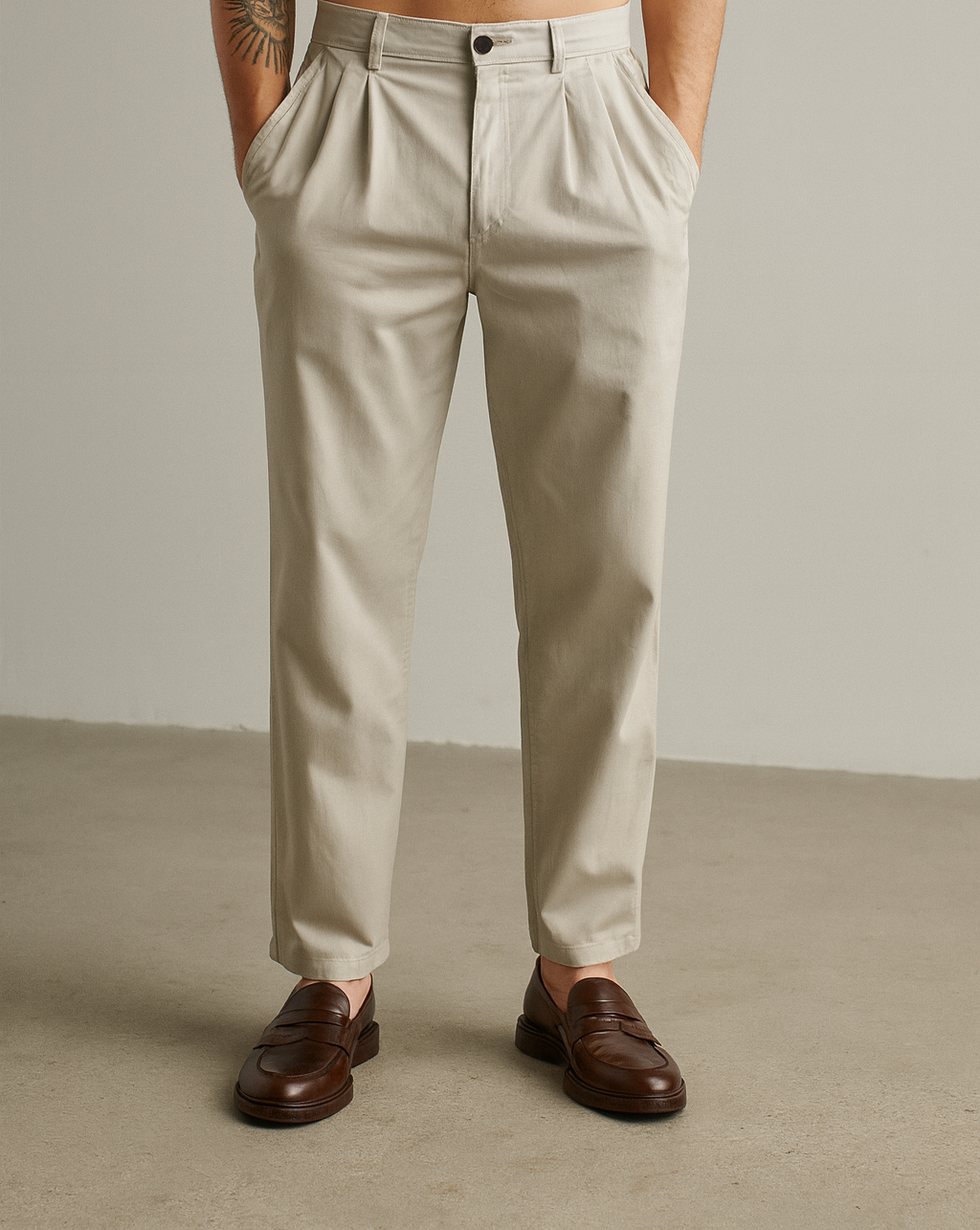 IVAR® Grey Twill Straight Fit Pleated Pants