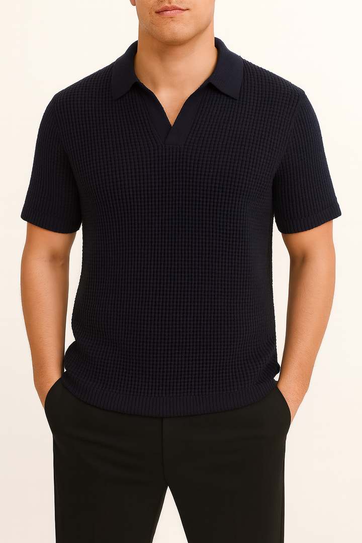 IVAR® Navy Waffle Knit Johnny Collar Polo