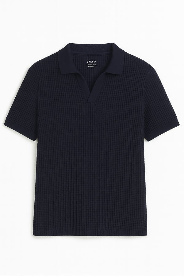 IVAR® Navy Waffle Knit Johnny Collar Polo