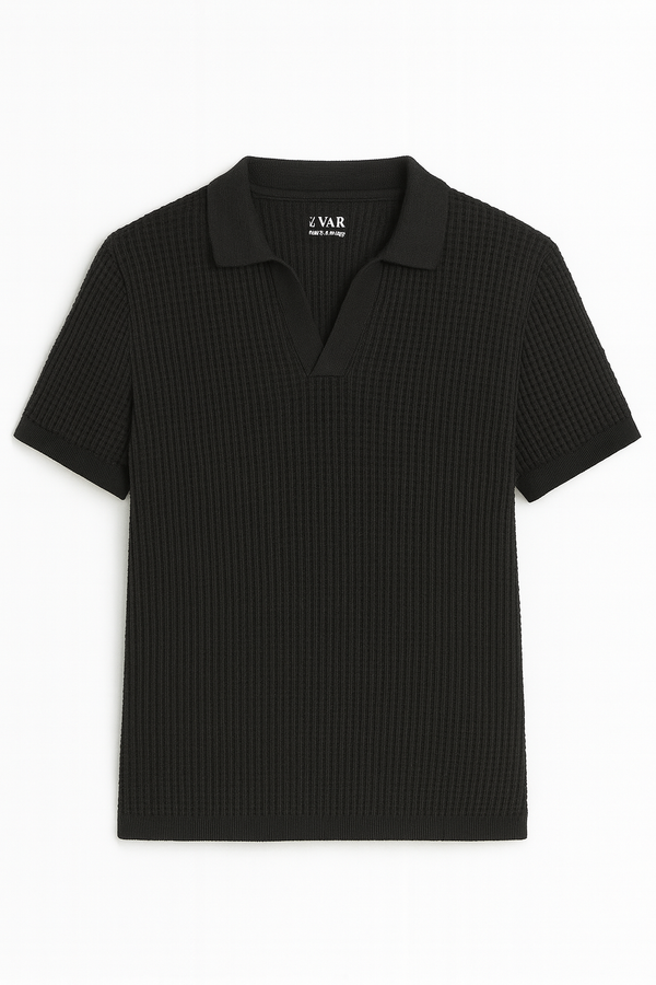 IVAR® Black Waffle Knit Johnny Collar Polo