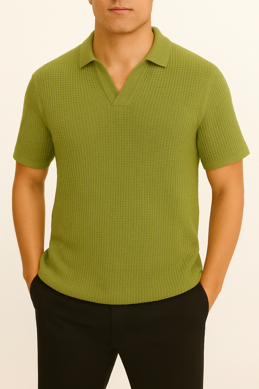 IVAR® Moss Green Waffle Knit Johnny Collar Polo