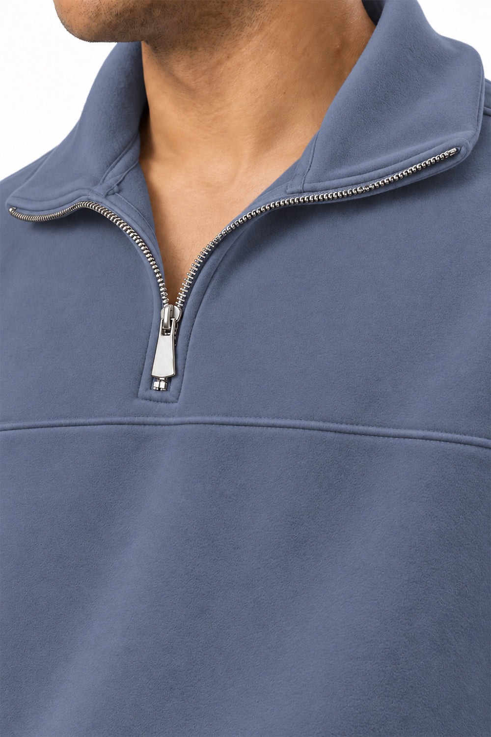 Close-up of Grey Classic Fleece Quarter Zipper collar and zip detail