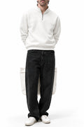 Man wearing the Off White Classic Fleece Quarter Zipper with black trousers